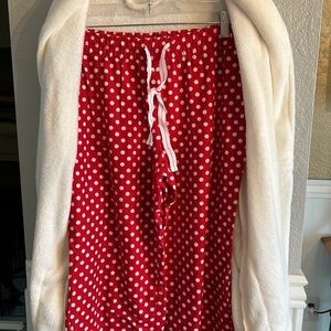 Fuzzy cream  robe sz one size &  Christmas red & white polka dot Jamey bottoms M